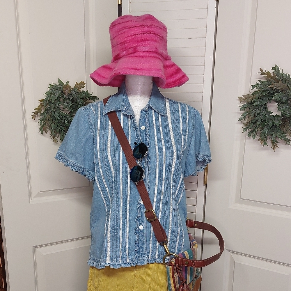 Vintage 90's Denim Top With Ruffles And Lace Details, Large
